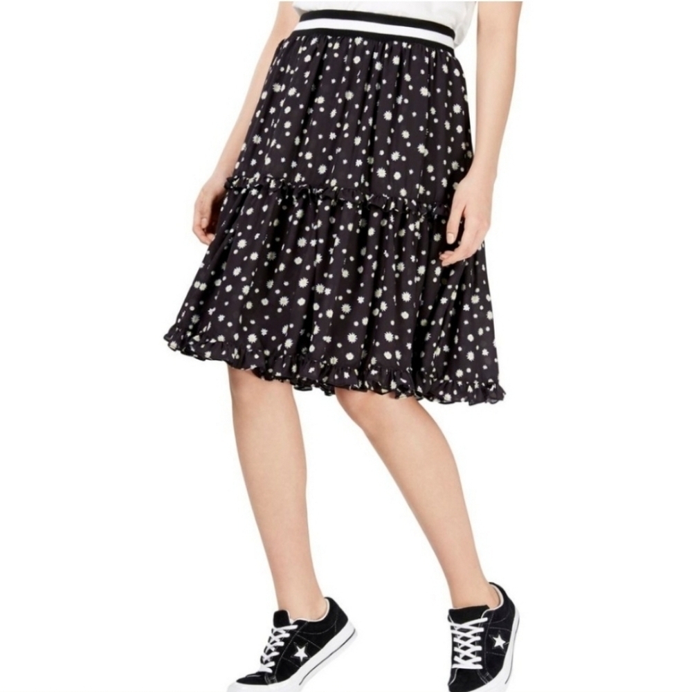 Nicopanda Skirt Women's Small Black Dainty Floral Tiered Ruffle Knee Length - Picture 2 of 7